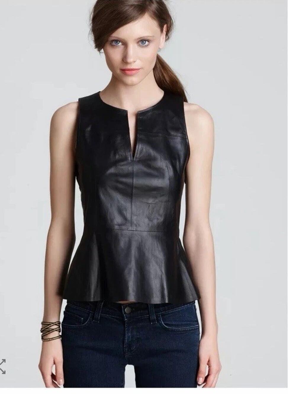 Theory Etia Black Lamb Leather Peplum Top Size Large